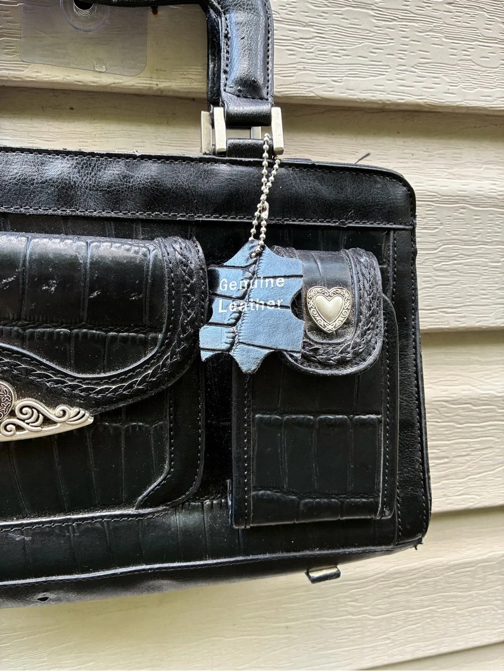 Black Structured Croc-Embossed Men’s Briefcase with Heart Accent